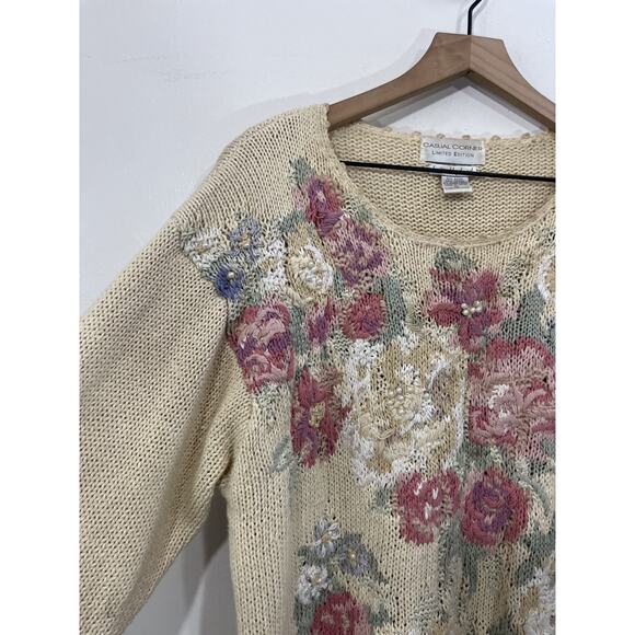 Vtg Hand Knit Chunky Ramie Floral Embroidery Grandma Garden Cottagecore Sweater - Picture 4 of 11
